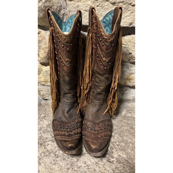 Corral Fringed Studded Tall Leather Cowboy Boots Women’s Size 7 - Picture 2 of 10